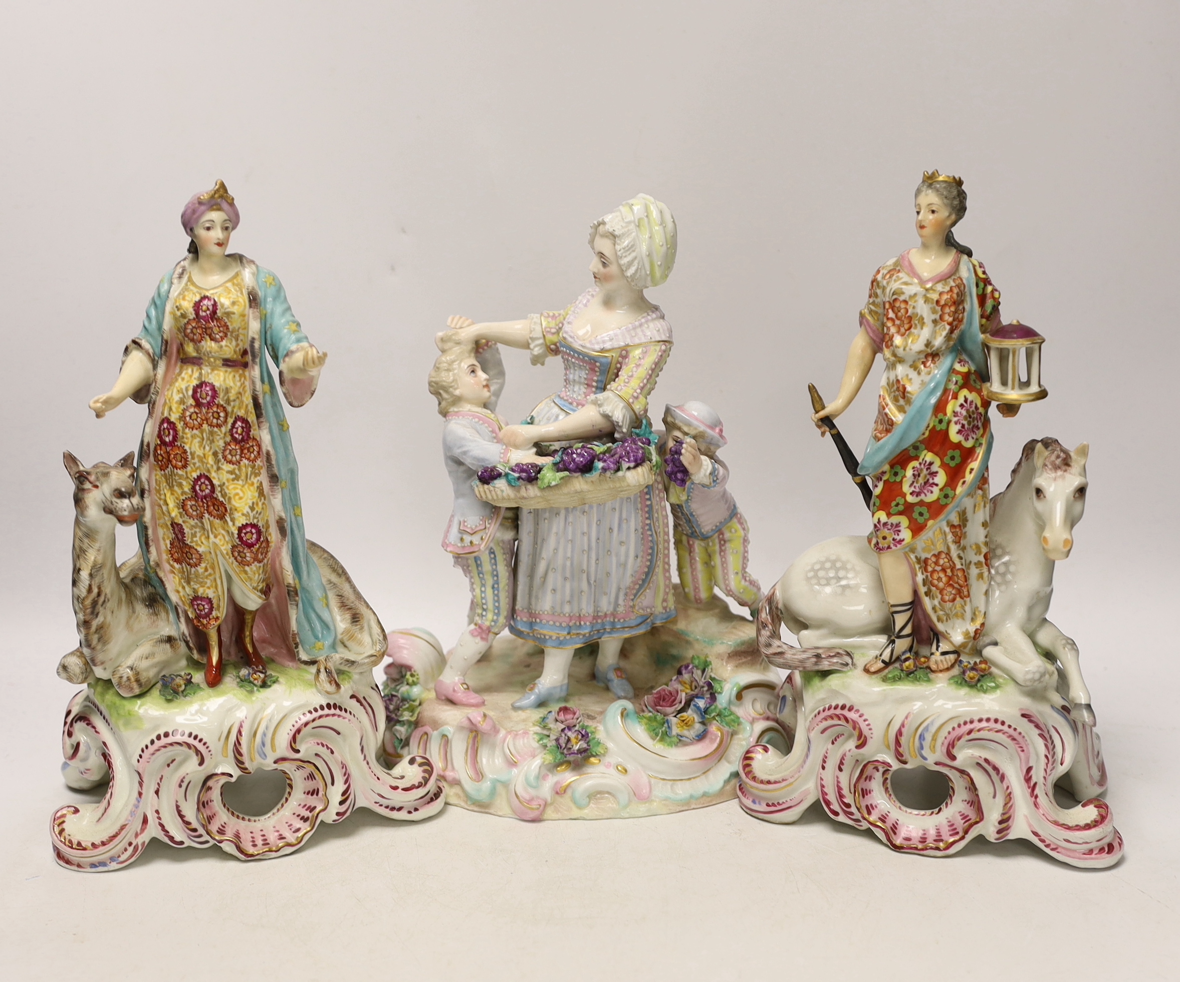 Three 19th century Continental porcelain figure groups, largest 27cm high, to emblematic of two of the continents